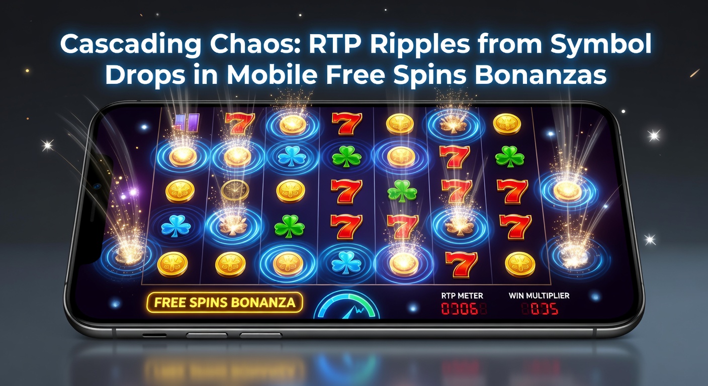 Close-up of a chaotic cascade sequence in a mobile free spins feature, symbols exploding with rising multipliers and RTP meter overlay