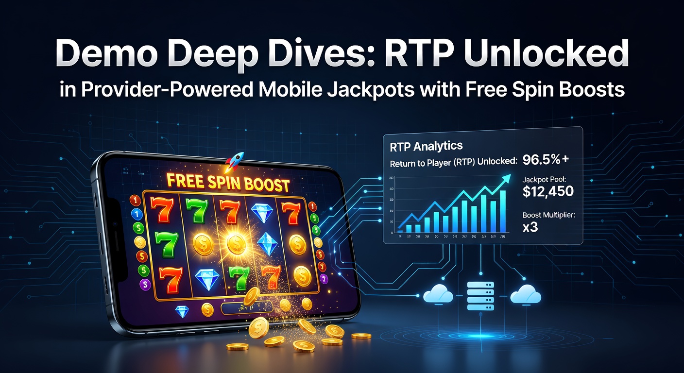 Vibrant mobile slot screen showing jackpot counters, spinning reels with free spin icons, and RTP metrics overlaid in a demo interface