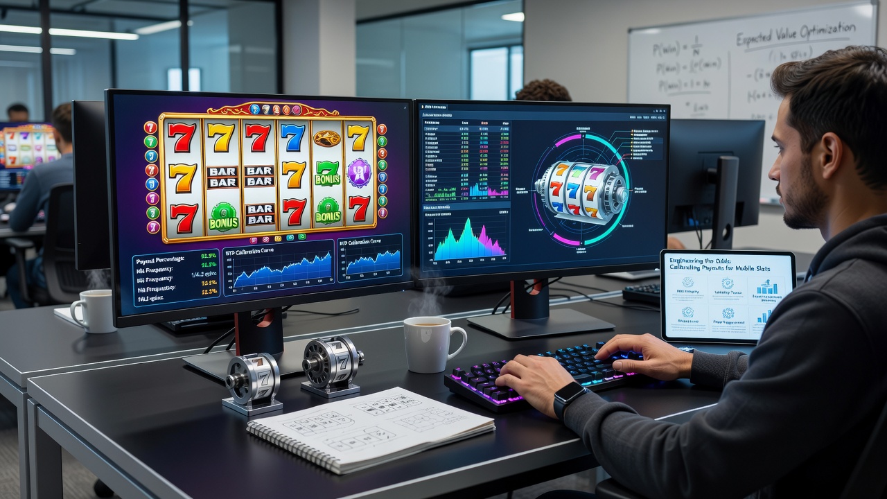 Developers analyzing reel strip configurations and simulation outputs in a collaborative workspace