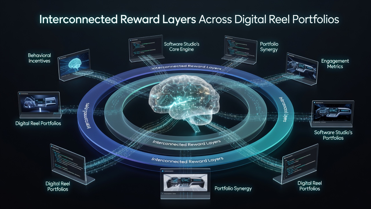 Software developers reviewing interconnected reward systems on multiple digital reel interfaces