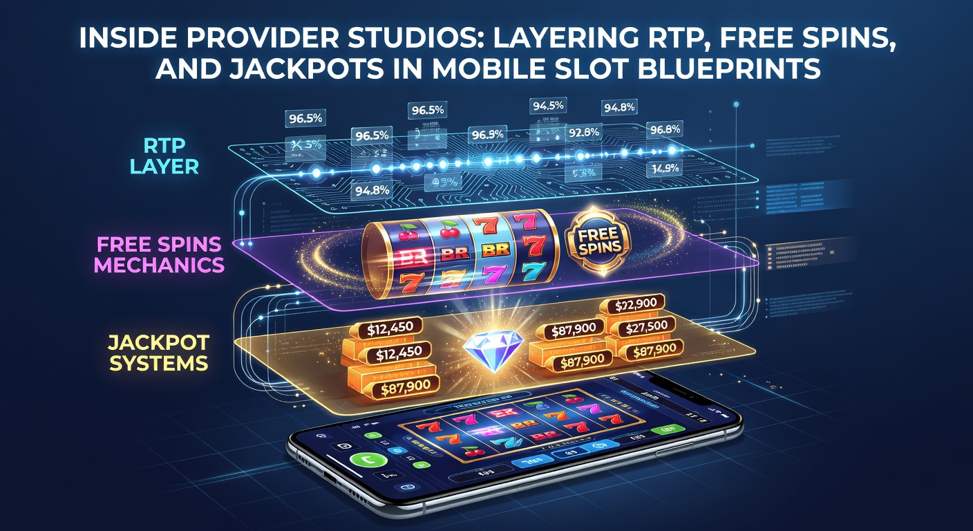 Digital blueprint of a mobile slot game interface showing layered RTP mechanics, free spin triggers, and jackpot progress bars on a studio design board