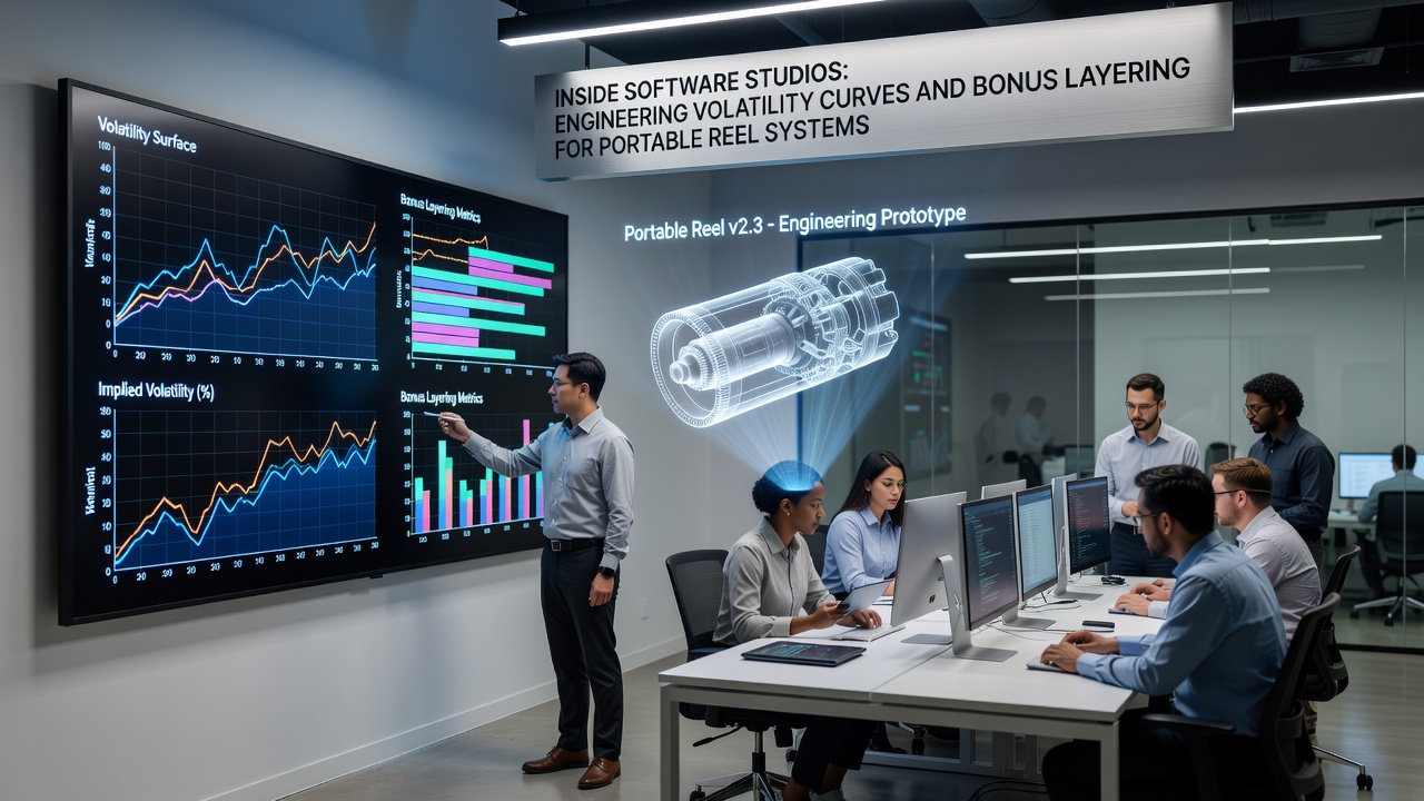 Developers testing bonus layering sequences on portable reel prototypes during an August 2026 studio review