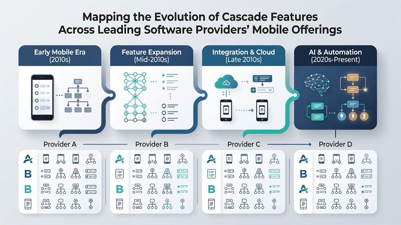 Comparison chart of cascade implementations by leading software providers including NetEnt, Play'n GO, and Big Time Gaming on mobile interfaces