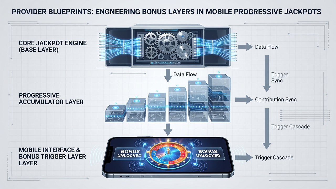 Technical diagram of bonus layer contributions in a mobile progressive jackpot system