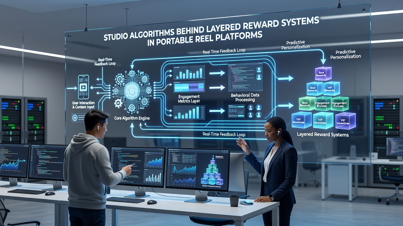 Code visualization of layered reward algorithms running on mobile reel platforms