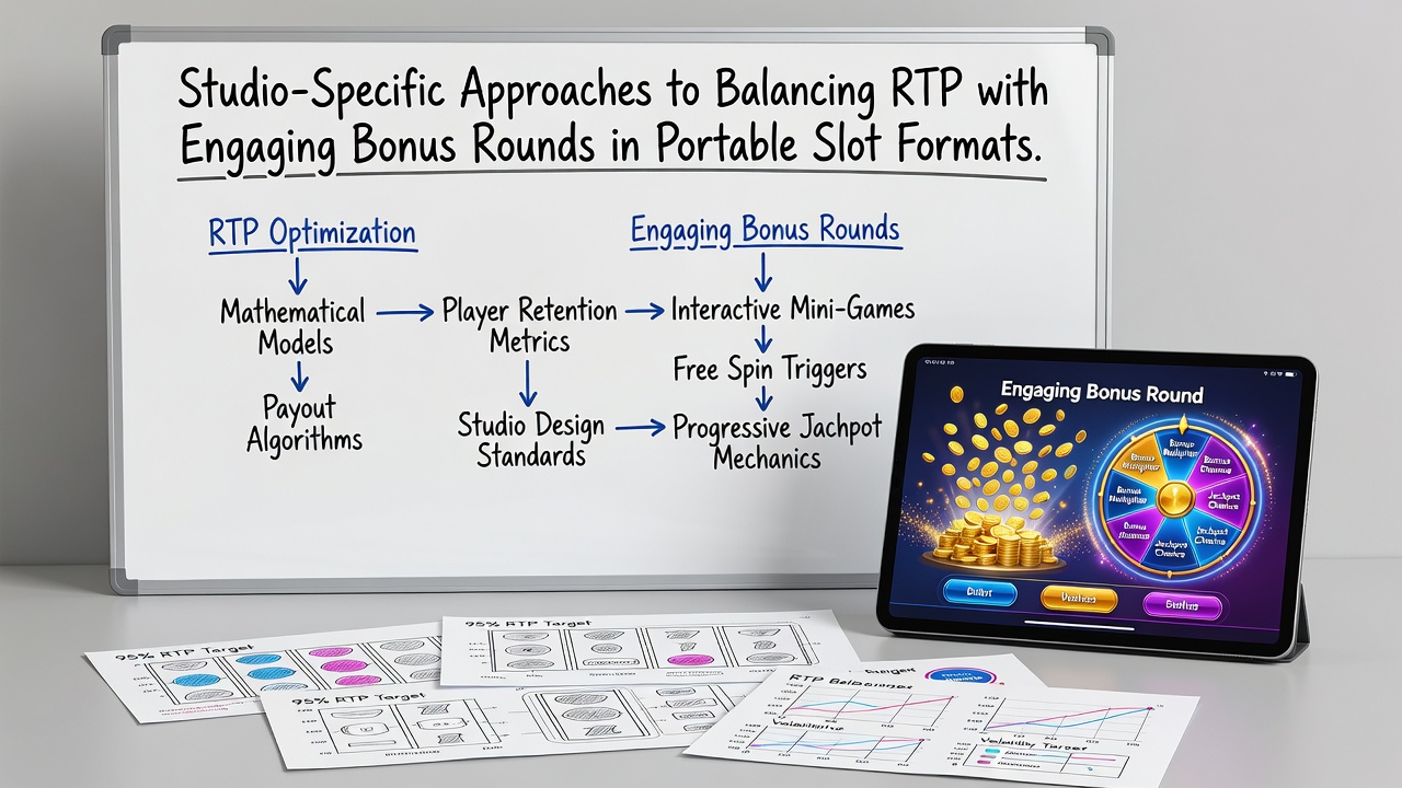 Developers reviewing code for RTP balancing and bonus round sequences in a studio setting