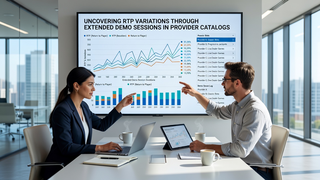 Analyst reviewing RTP variation graphs from extended demo play in provider game libraries