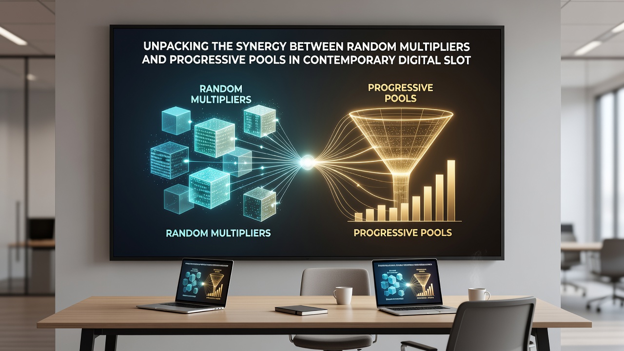 Infographic illustrating multiplier application to progressive jackpot totals in a slot game interface